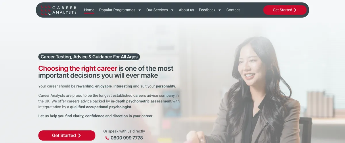 The Career Analysts homepage, after
