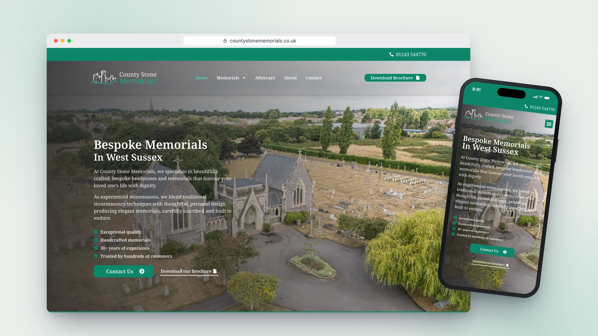 County Stone Memorials website by Bulldogs Digital on desktop and mobile - bespoke memorials in West Sussex
