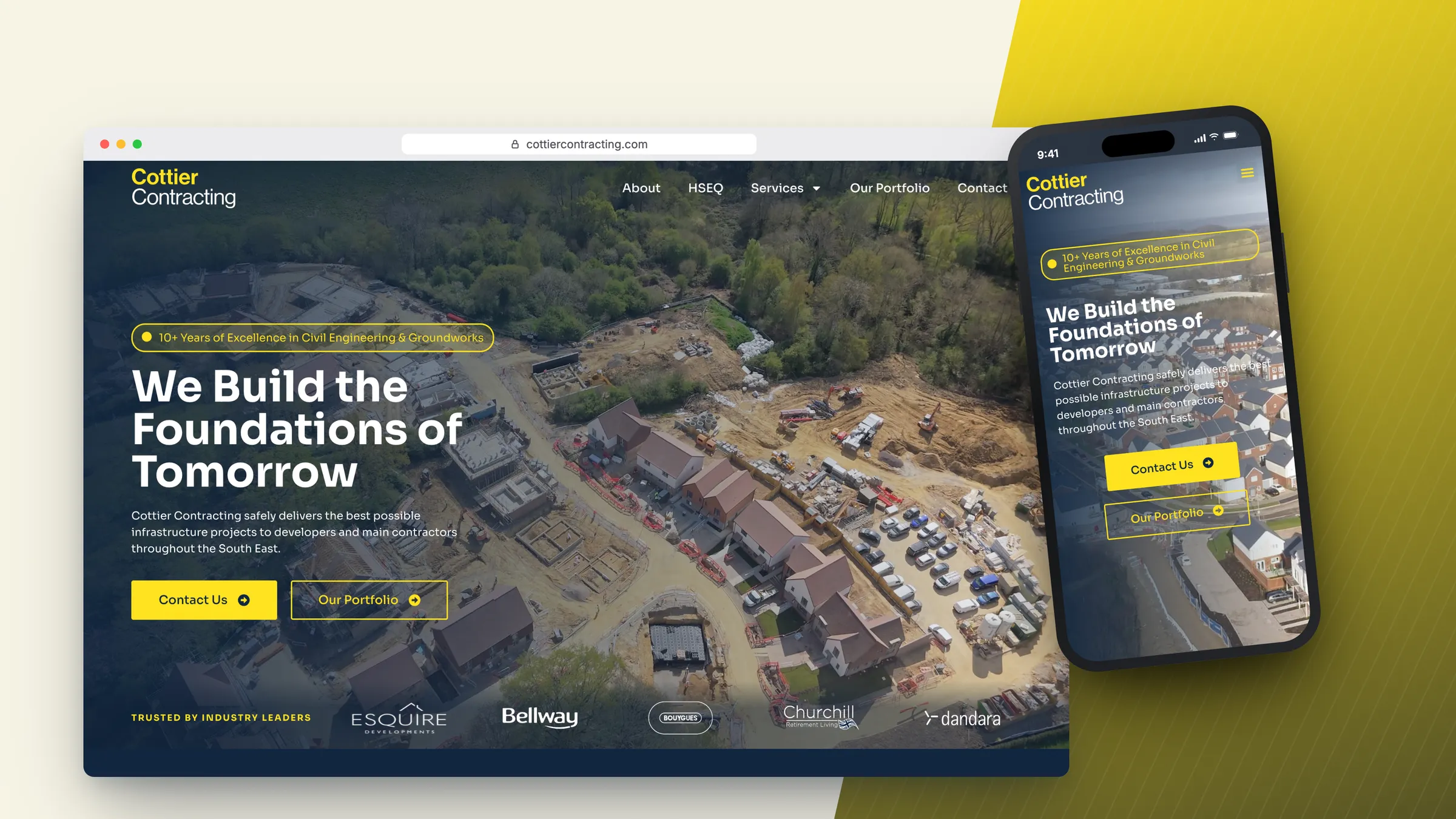 Cottier Contracting website by Bulldogs Digital on desktop and mobile - groundworks and civil engineering