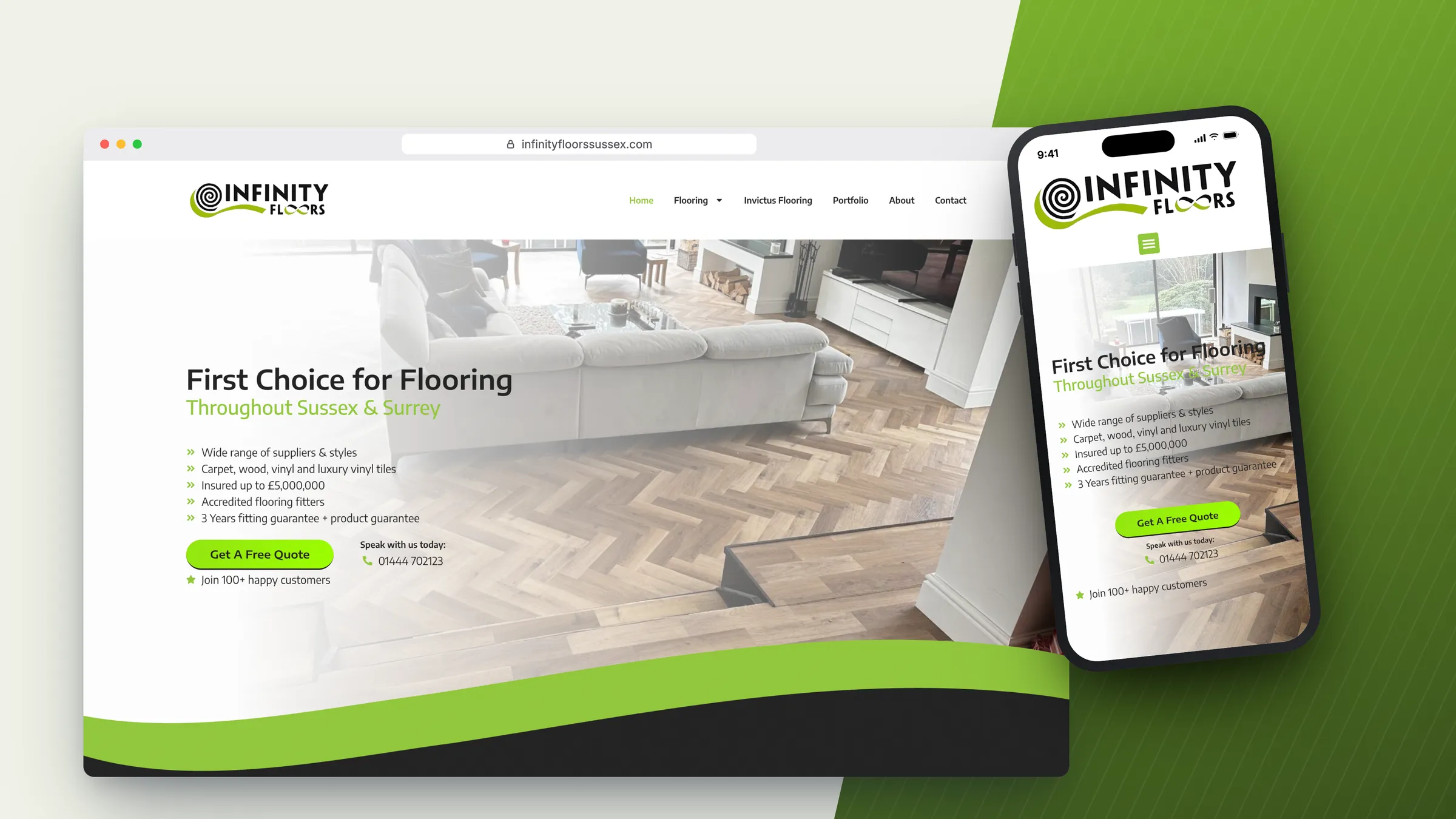 Infinity Floors Sussex website by Bulldogs Digital on desktop and mobile - flooring fitters