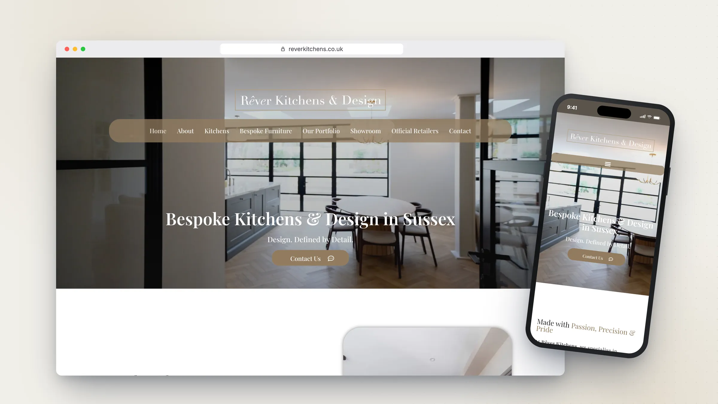 Rever Kitchens website by Bulldogs Digital on desktop and mobile - bespoke kitchens in Sussex