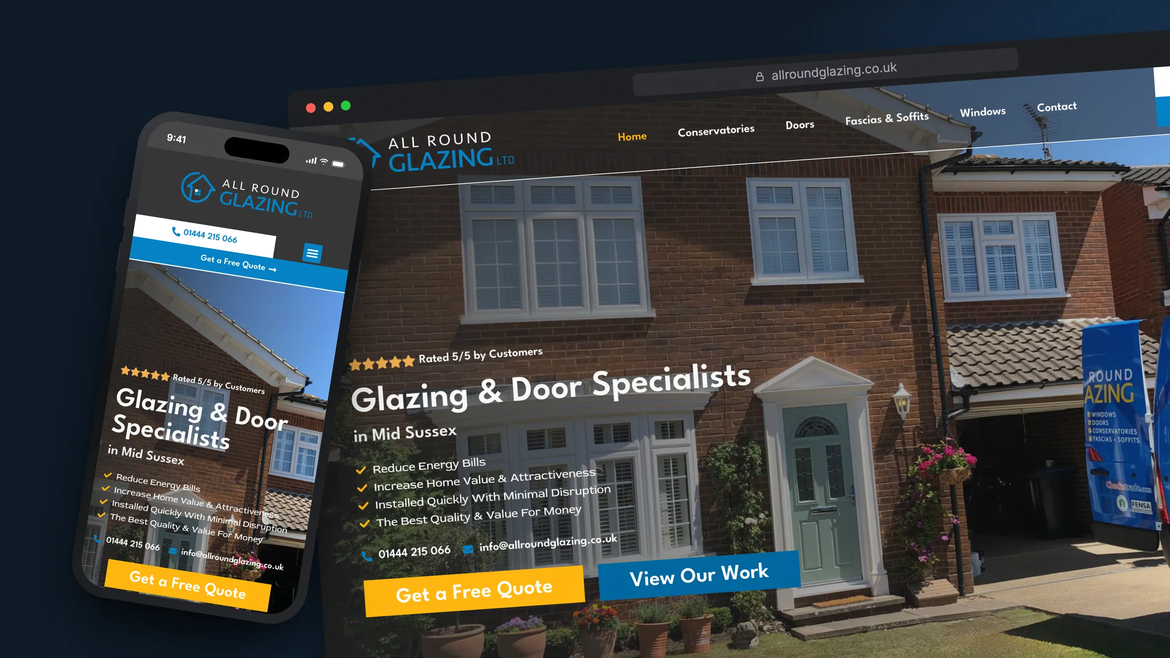 All Round Glazing website by Bulldogs Digital on desktop and mobile - glazing and door specialists