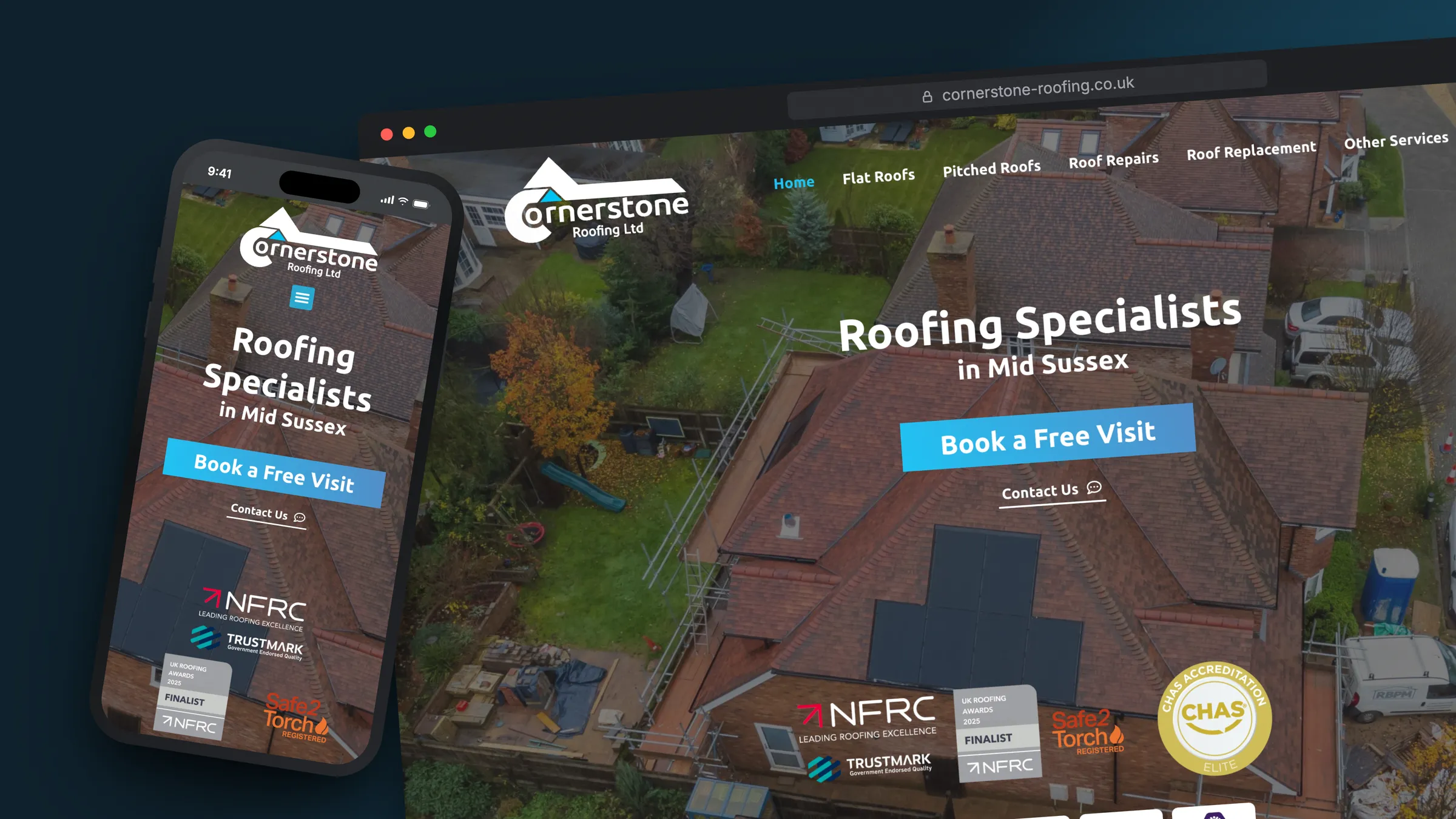 Cornerstone Roofing website by Bulldogs Digital on desktop and mobile - roofing specialists in Mid Sussex
