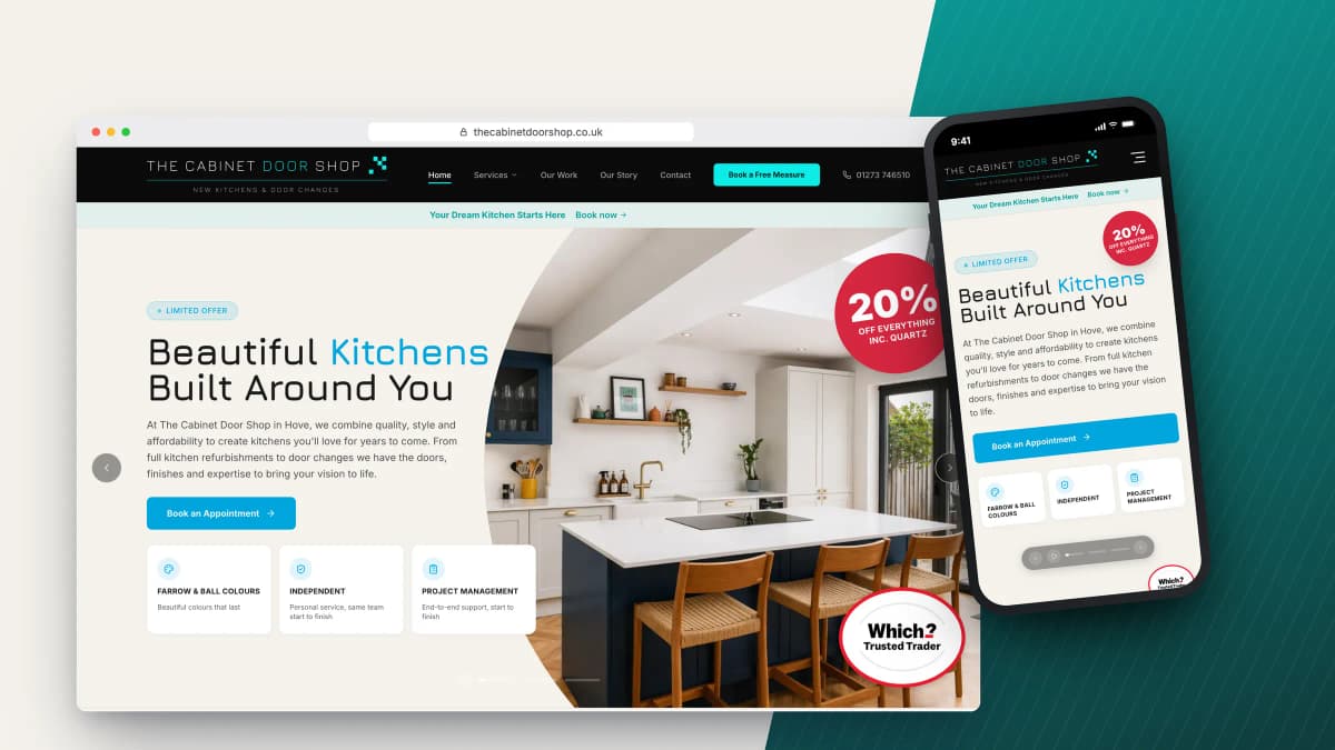 The Cabinet Door Shop website by Bulldogs Digital on desktop and mobile - kitchen company in Hove