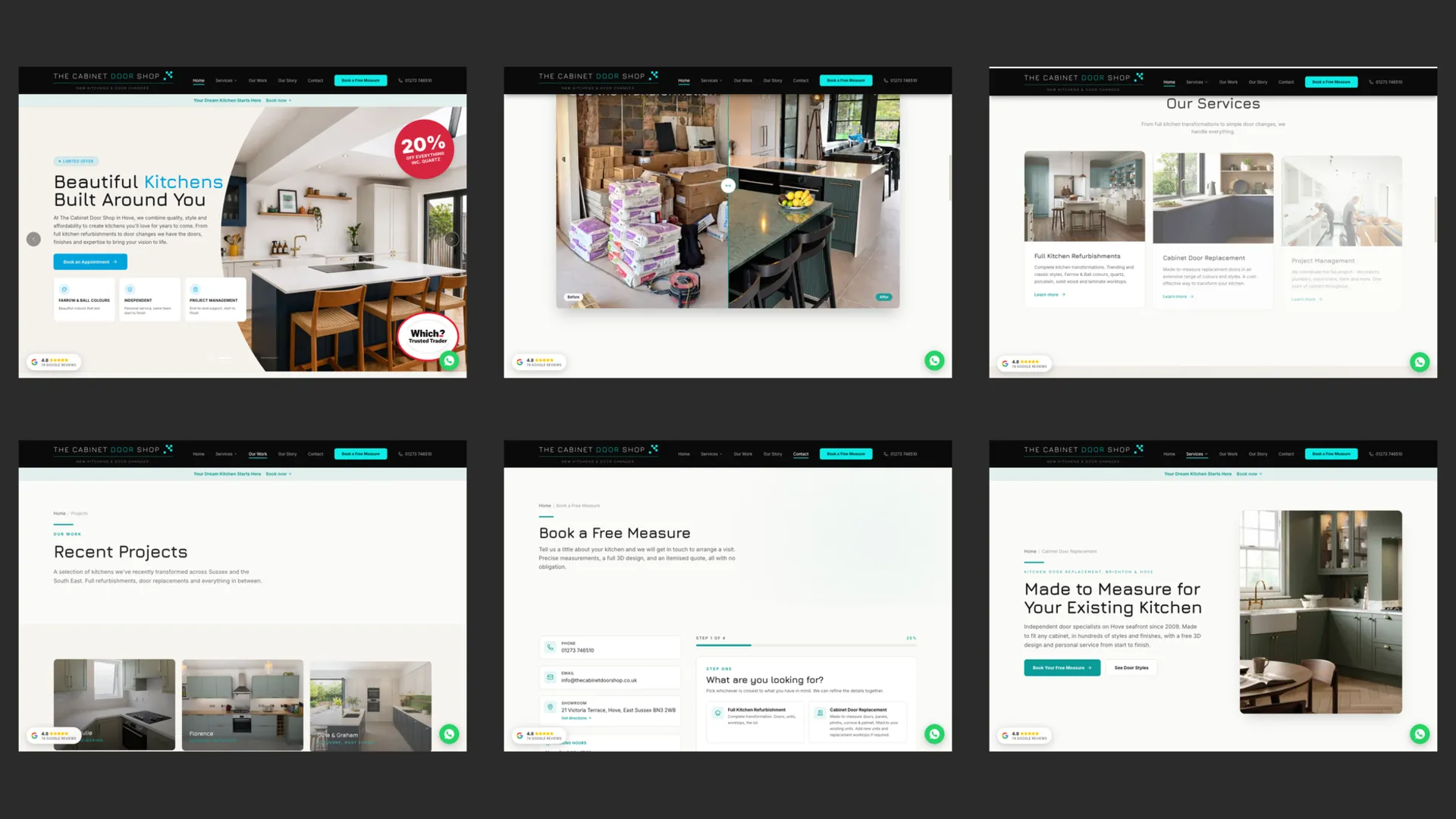 The Cabinet Door Shop bespoke website by Bulldogs Digital - homepage, before and after slider, services, projects, free measure form and door replacement page