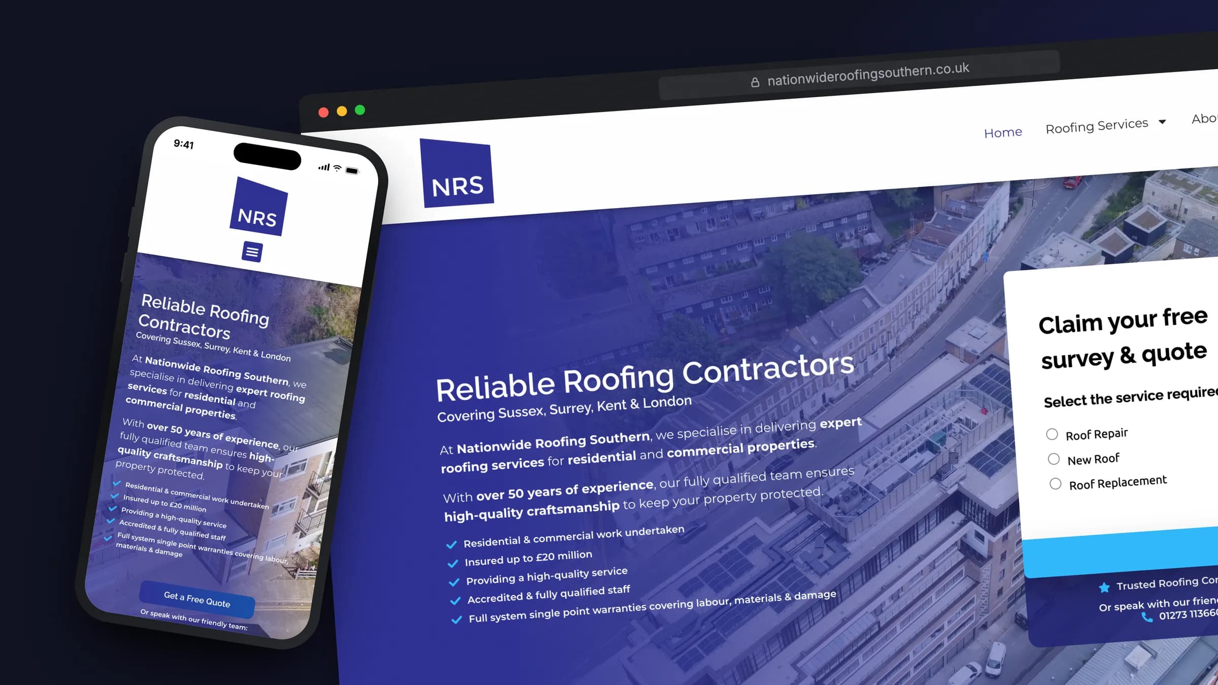 Nationwide Roofing Southern website by Bulldogs Digital on desktop and mobile - roofing contractors