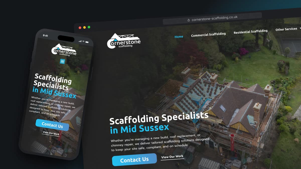 Cornerstone Scaffolding website by Bulldogs Digital on desktop and mobile - scaffolding specialists in Mid Sussex